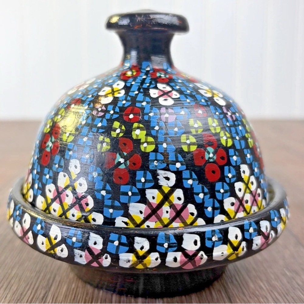 Hand Painted Moroccan Terracotta Clay Pottery Tagine Dish 4" Signed Trinket